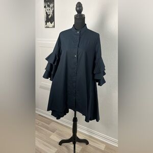 Gracia Women’s Midnight Blue Cotton Ruffle Sleeve High Low Shirtdress Sz M Chic